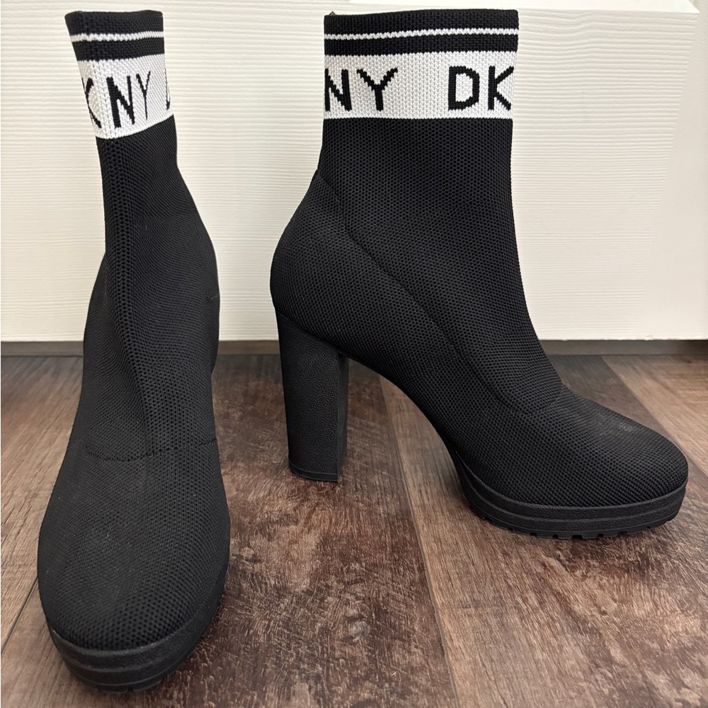 DKNY Black and White Knit Sock Heel Ankle Boots